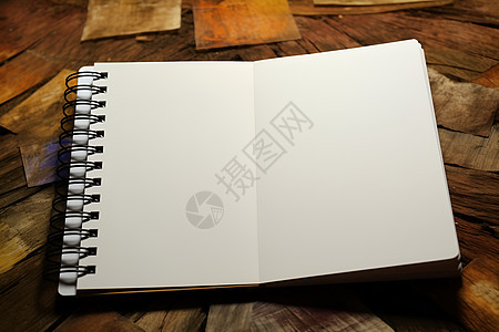 木桌上的空白笔记本图片
