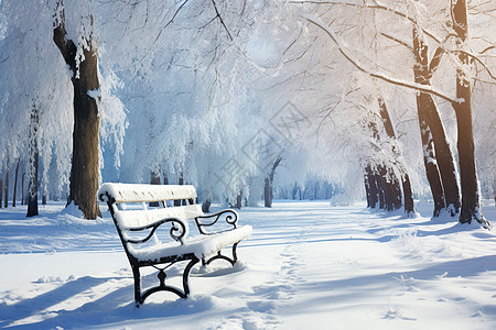 积雪道路上的长椅图片