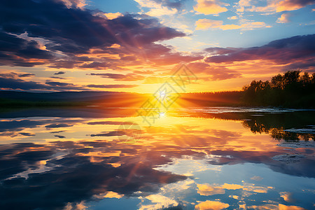 湖畔日出的美丽景观背景图片