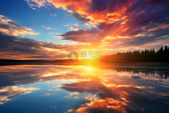 日出丛林湖泊的美丽景观图片