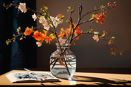 书桌上的花瓶摆设背景图片