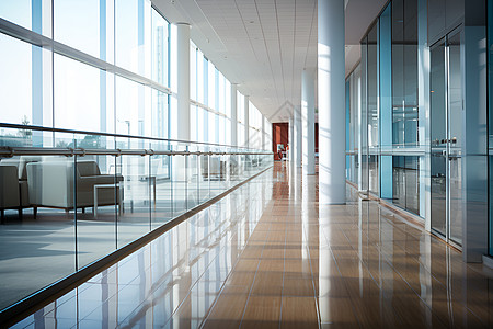 现代玻璃建筑的空旷走廊背景图片