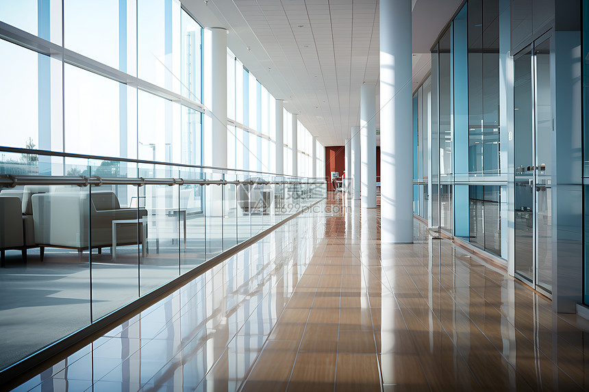 现代玻璃建筑的空旷走廊图片
