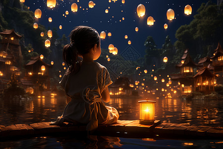 夜晚放飞孔明灯的小女孩背景图片