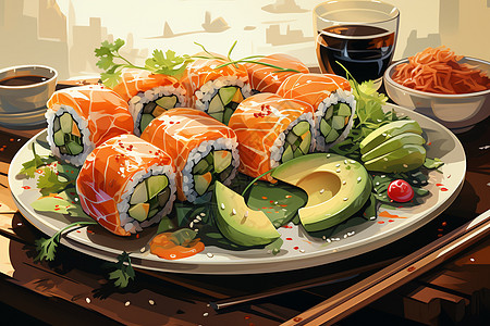 丰盛餐饮的三文鱼寿司背景图片
