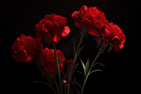 黑色背景上的红色康乃馨图片