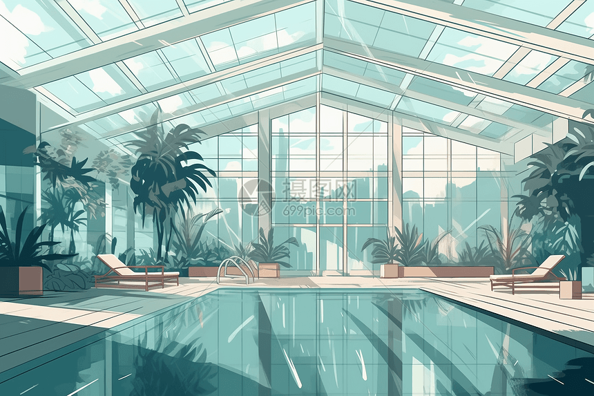透明屋顶的室内游泳池图片