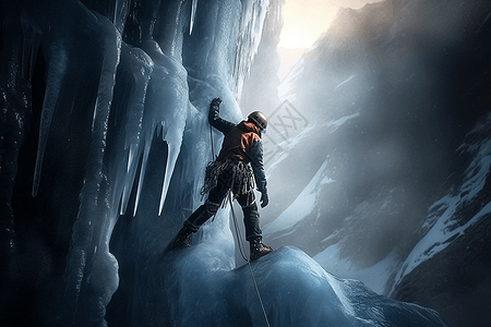 冰川中探险的背包客图片