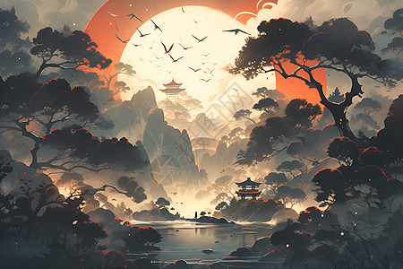 夕阳余晖下的江山如画图片