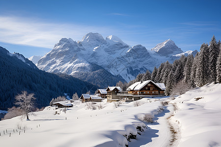 冬日飘雪山谷景观图片