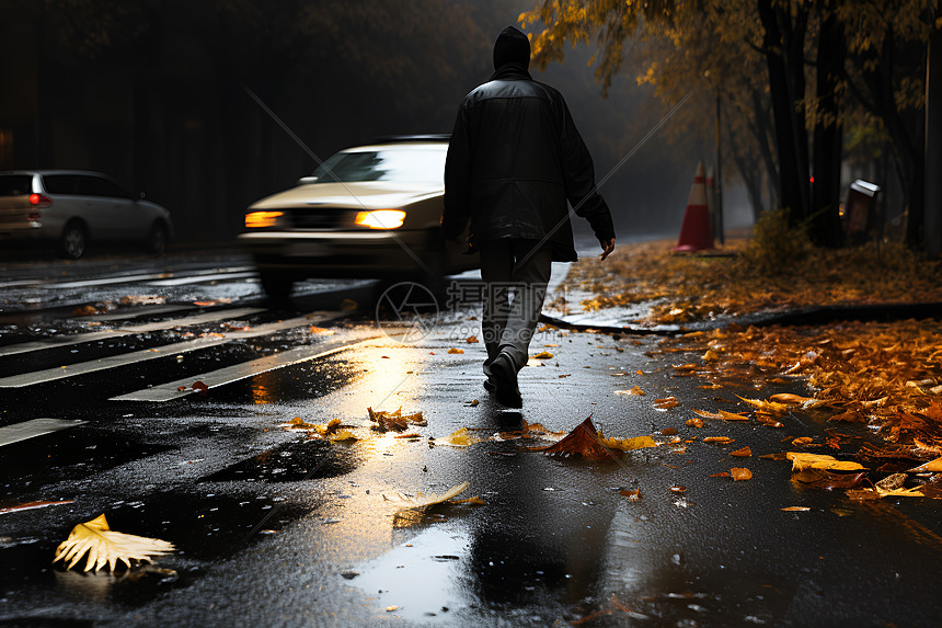 冷雨夜中街道上的男子图片