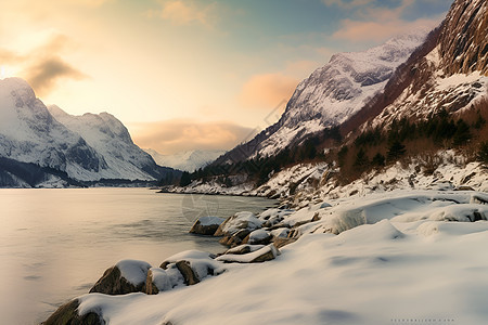 冬季的山脉湖泊背景图片
