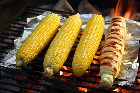 火烧烤烤玉米和热狗图片