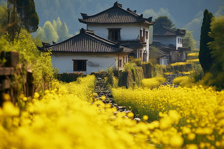 乡村建筑乡村风光黄色的油菜背景