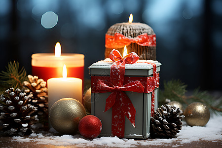 冬日礼物与烛光背景图片
