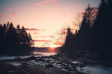 冬日黄昏的河岸图片