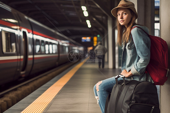 女子在火车站台上背着背包图片