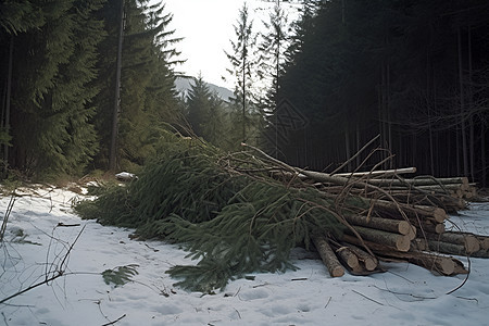 冬日林间砍伐的树木图片