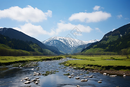 一片绿色山谷之中流淌的河流背景图片