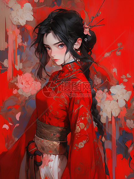 手绘艺术的唐风少女插图图片