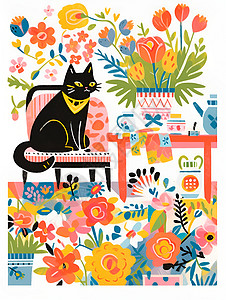 手绘艺术的猫咪与花朵插图背景图片