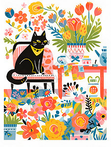 手绘艺术的猫咪与花朵插图图片