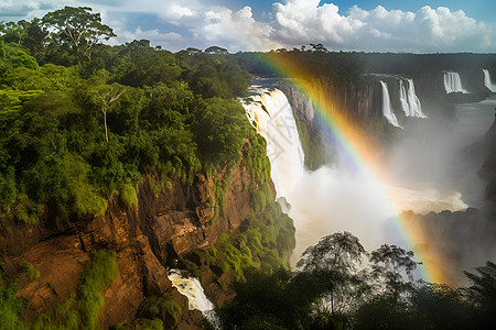 神奇丛林瀑布下的彩虹图片