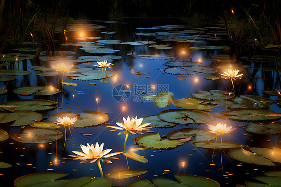 夜晚水池中的睡莲图片