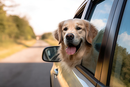 户外出行汽车中的金毛犬图片