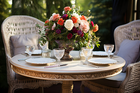 桌子上的花束和餐具图片