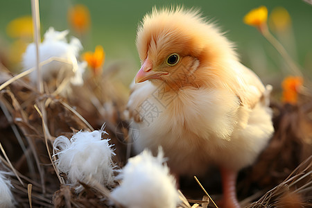 稻草堆中孵化的小鸡图片