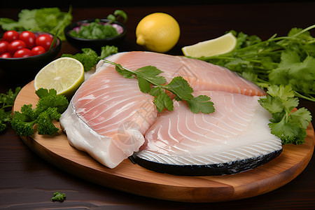 菜板上烹饪的鱼肉图片