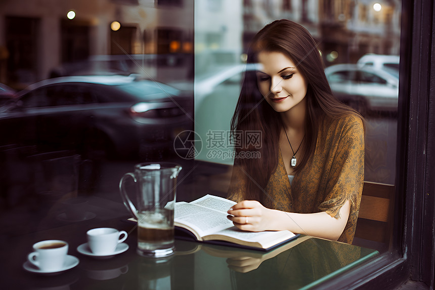 女人喝咖啡看书图片