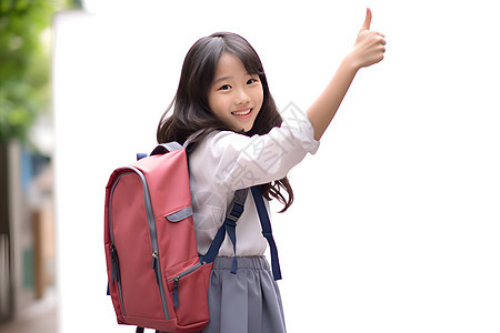 一名自信的少女在白色背景下背着书包举起手指指向空中图片
