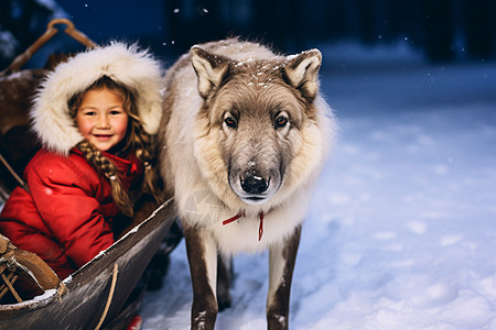 雪地上的动物和女孩背景图片