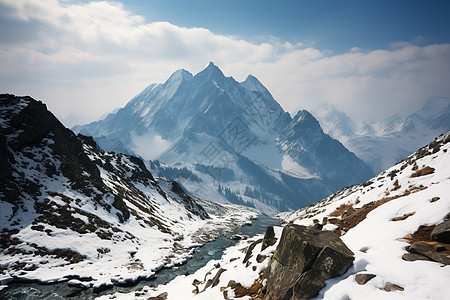 雪山群中的河流背景图片