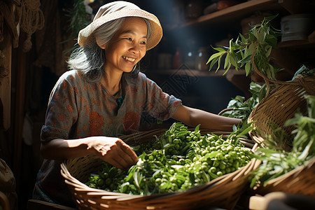 采摘茶叶的老年茶农背景图片