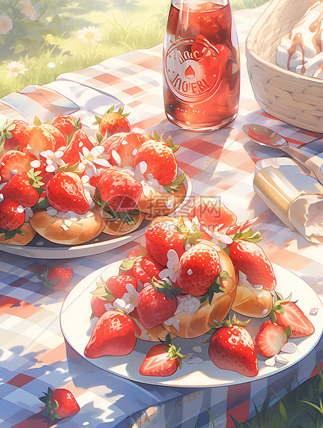 欢乐野餐享用草莓甜点图片