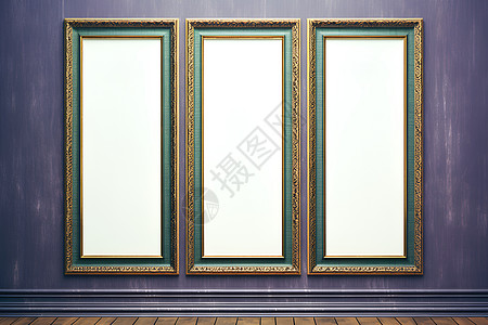 三幅画框与木质地板高清图片