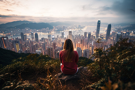 夜晚女子独坐山巅图片