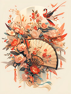 花朵中的鸟儿和扇子背景图片