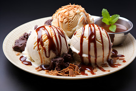 冰淇淋球上的巧克力酱背景图片