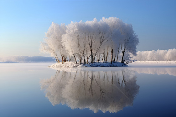 冰雪覆盖的湖心树林图片