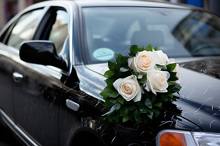 黑色轿车上的玫瑰花高清图片