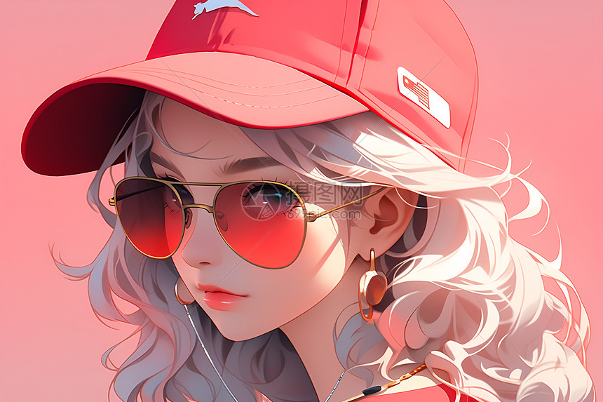 时尚少女戴着红色棒球帽图片