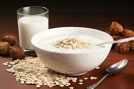 桌子上的燕麦和牛奶图片