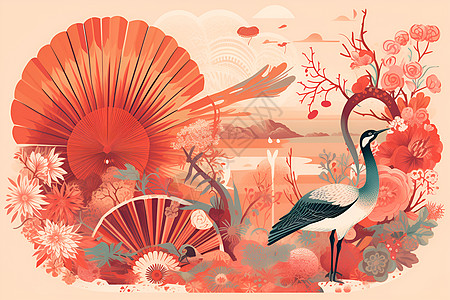 精美的孔雀山水艺术插图图片
