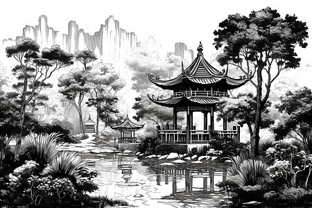 黑白水墨庭院背景图片