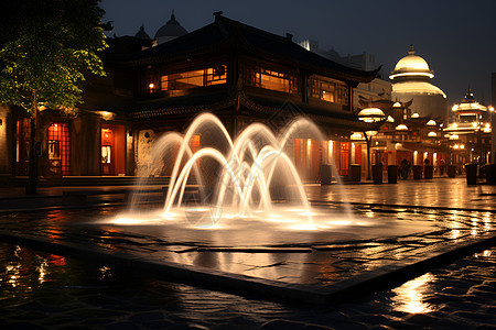 城市夜景下的喷泉图片