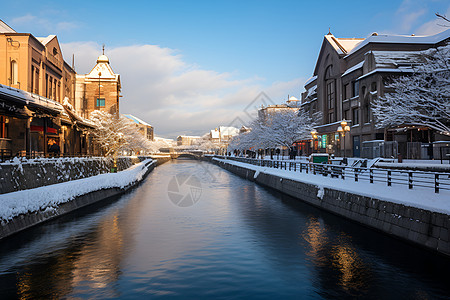 冰雪覆盖的河流城市背景图片